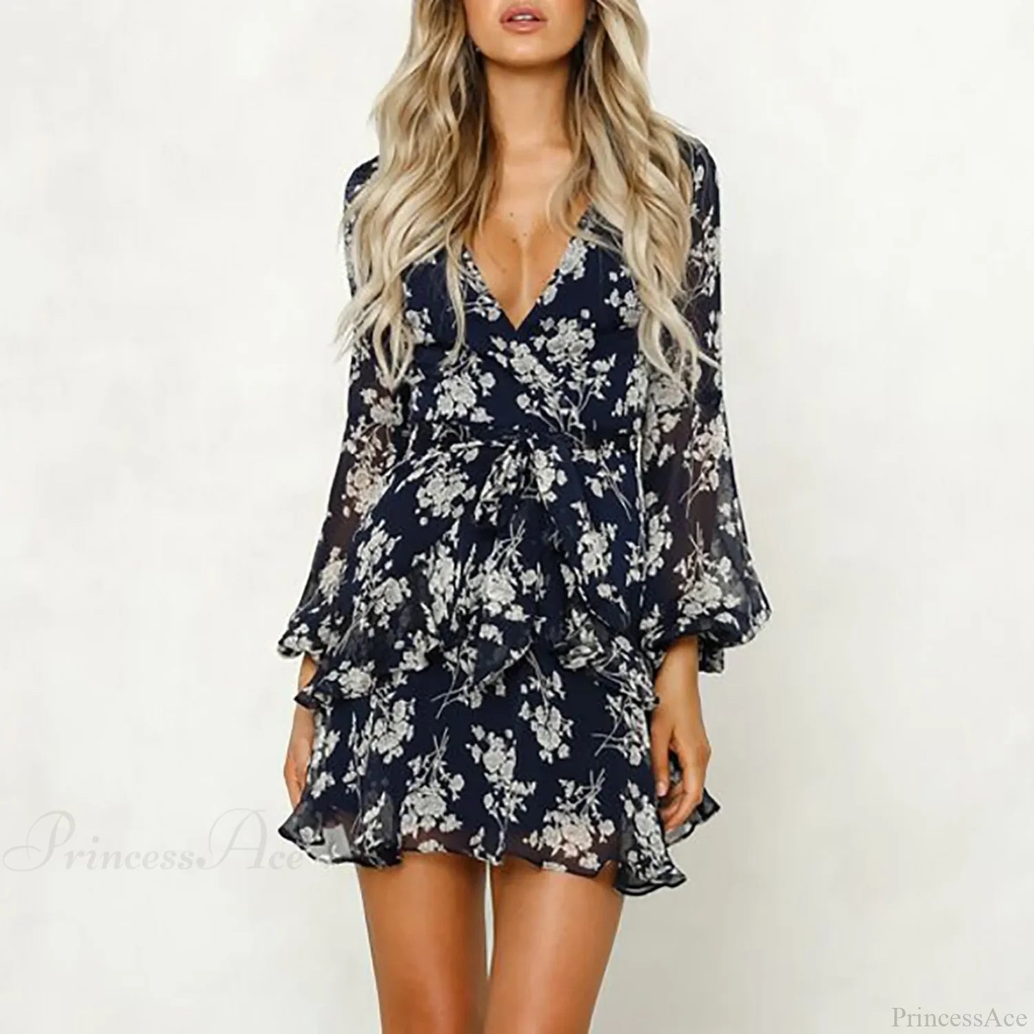 Low Cut V-Neck Bohemian Lace-Up Floral Dress floraldress-250126