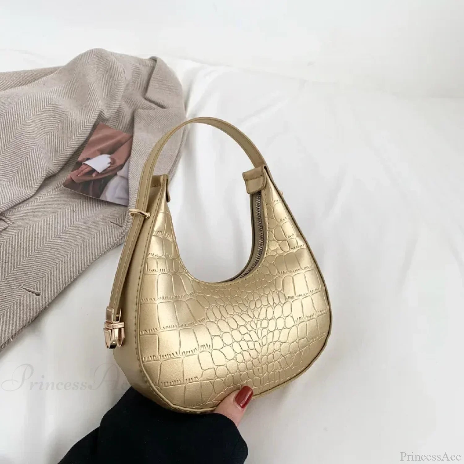 Luxury PU Leather Small Shoulder Clutch Bag Gold-Alligator shoulder-250126