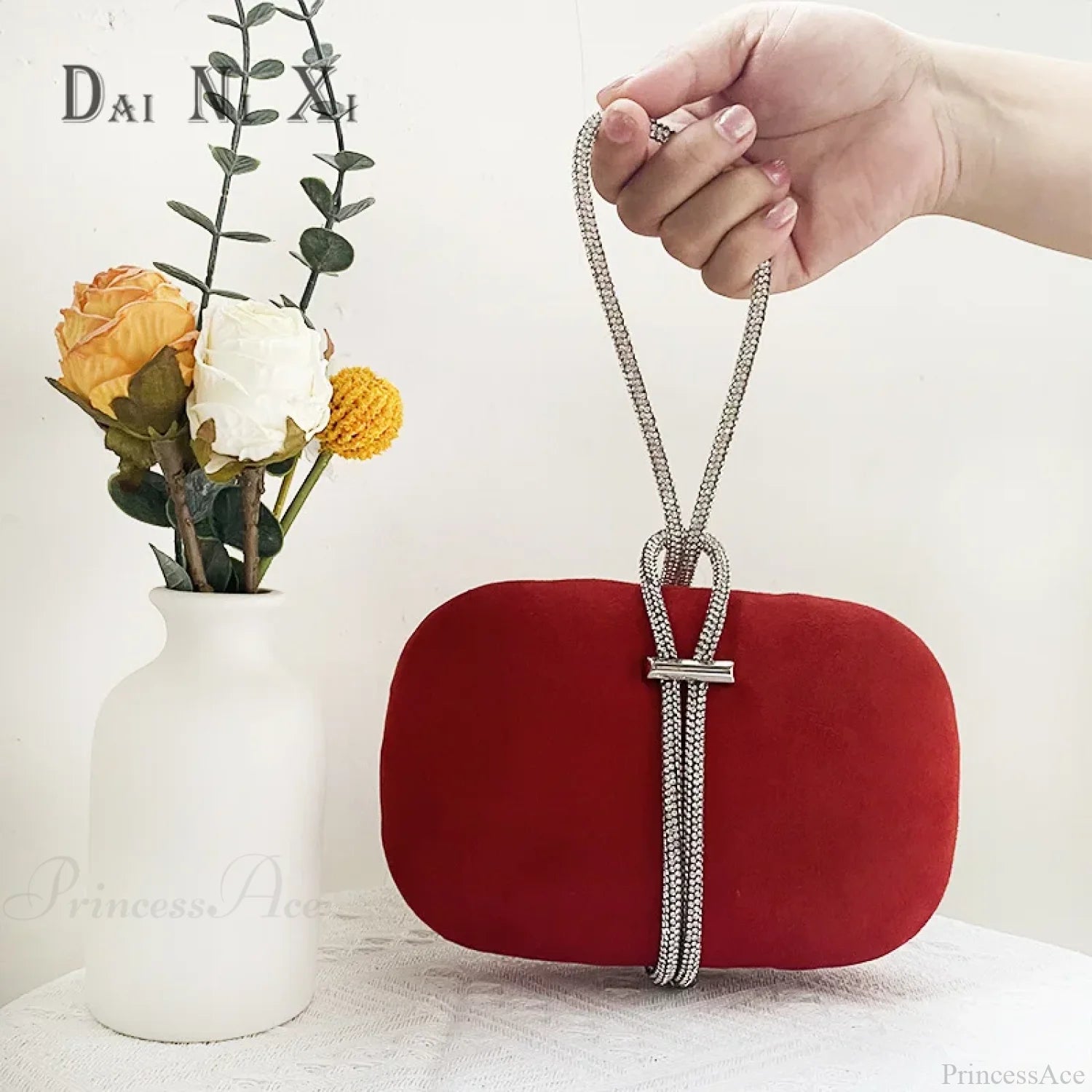 Luxury Red Velvet Crystal Handle Evening Wedding Tote Handbag Wine red clutchbag-250126