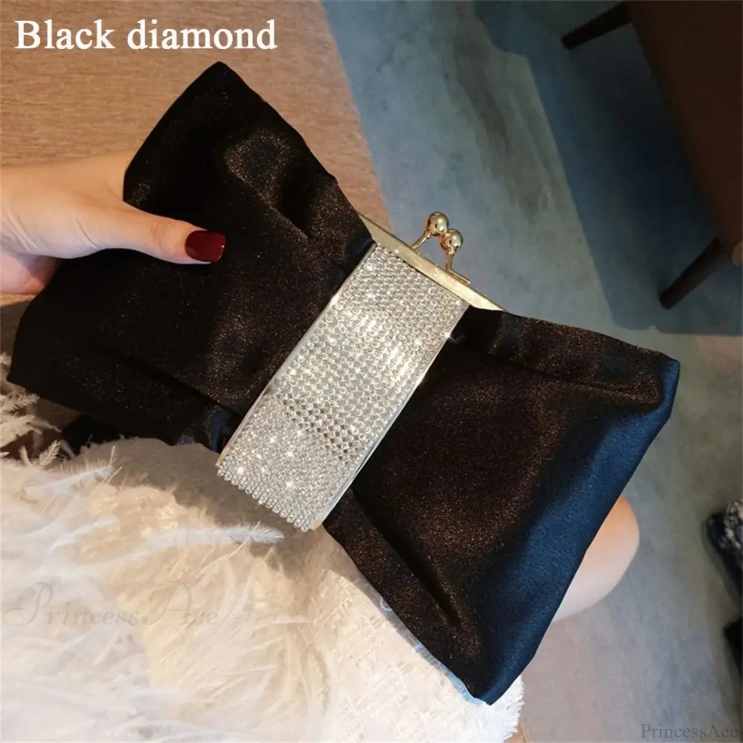 Luxury Rhinestone Bow Evening Clutch Bag black diamond clutchbag-250126