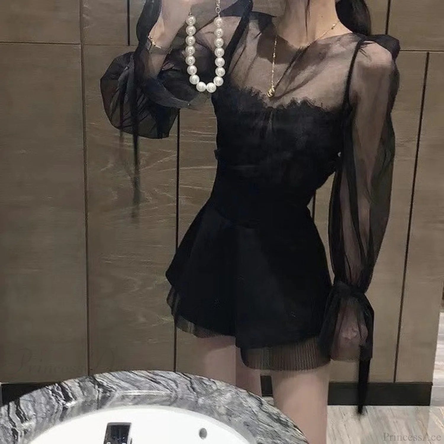 French Warm-Season Blouse Sling Retro Mujer Slimming Arm Blusas Women Mesh Sexy Top Long De Lace