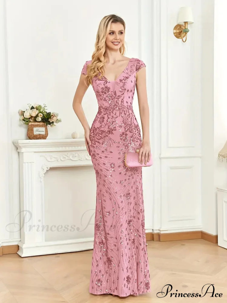 Mesh V Neck Sequin Cap Sleeve Ankle Prom Dress S / Light Bue Navy Blue Trumpet Mermaid Prom Dress