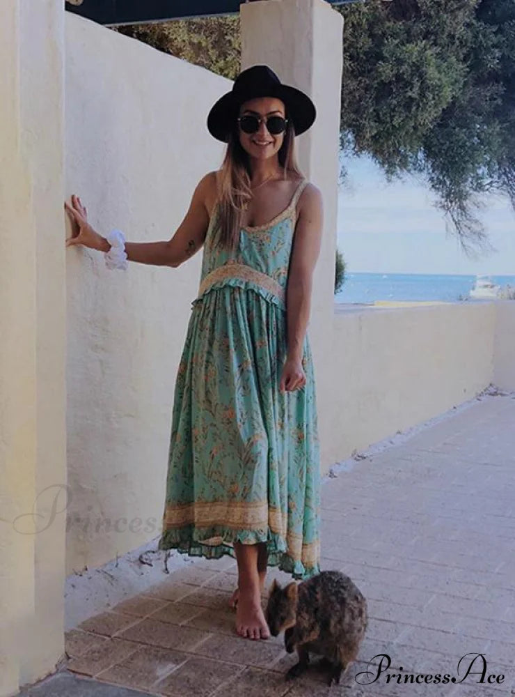 Midi Women’s Spaghetti Patterned Strap Dress M / Green Dresses