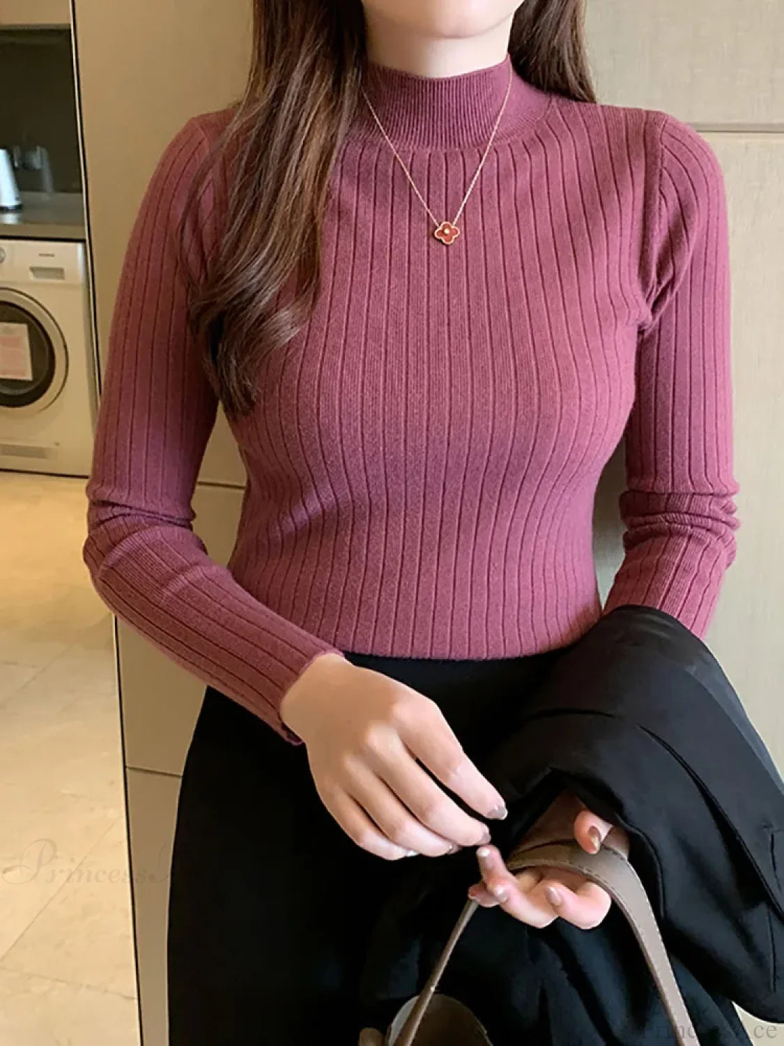 Mockneck Solid Cashmere Pullover Elegant Knit Top WINE / One Size knittop-250126