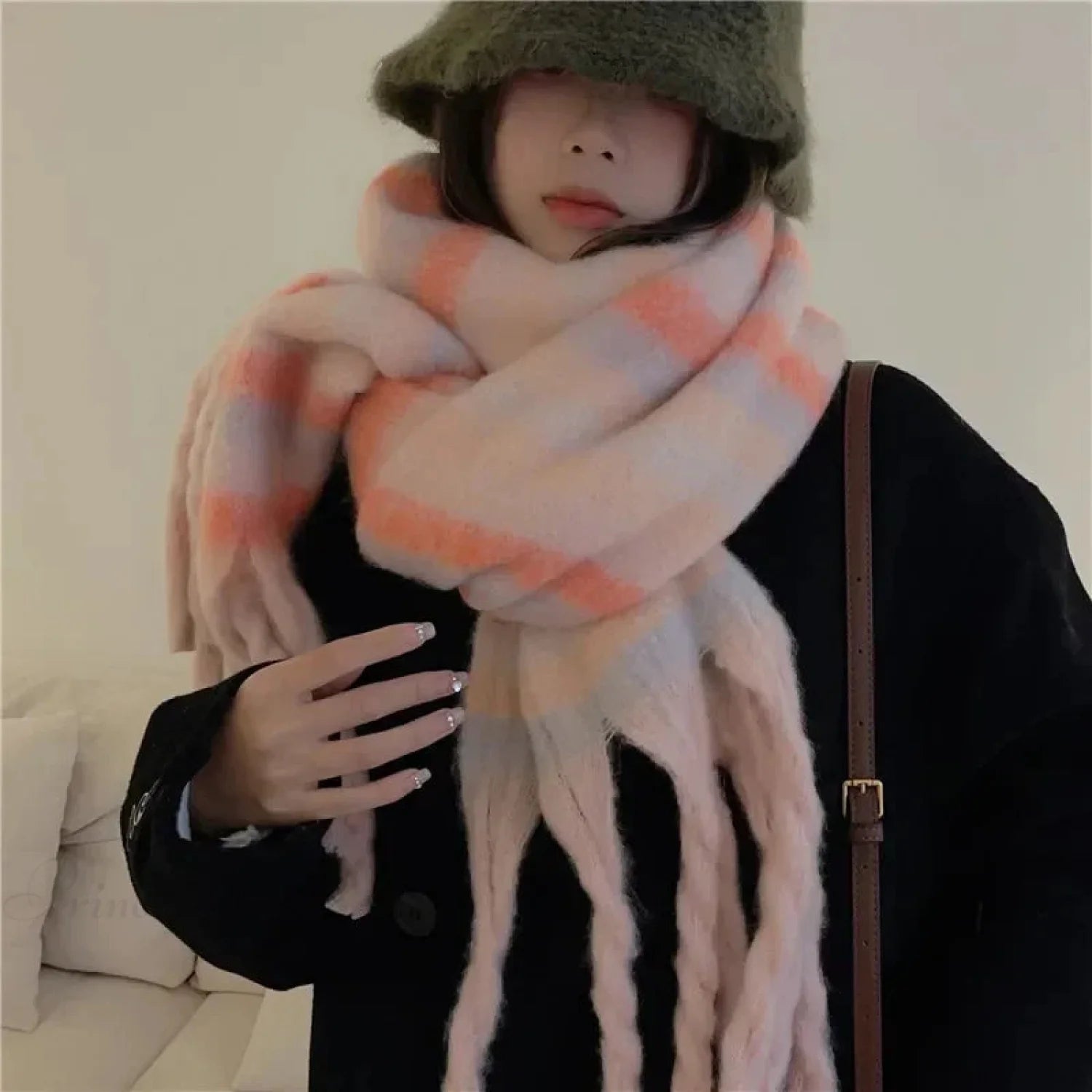 Mohair Winter Scarf - Solid Color Thickened Wool Fringed C Style Pink Scarfs-L