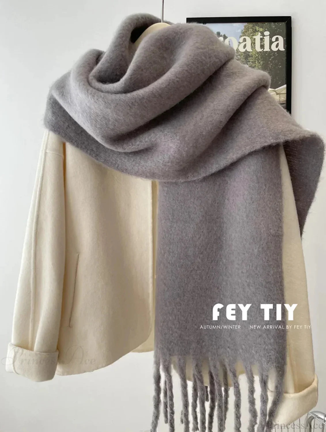 Mohair Winter Scarf - Solid Color Thickened Wool Fringed Dark Gray Scarfs-L