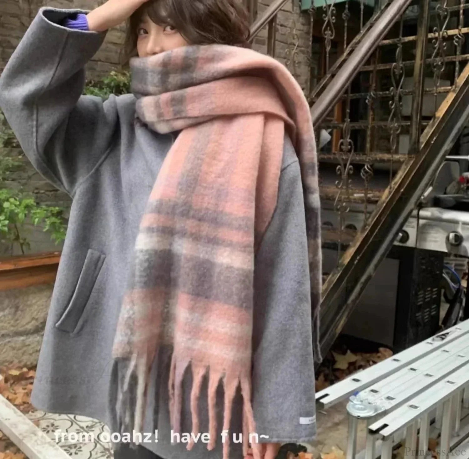 Mohair Winter Scarf - Solid Color Thickened Wool Fringed Type F Gray-Pink Scarfs-L