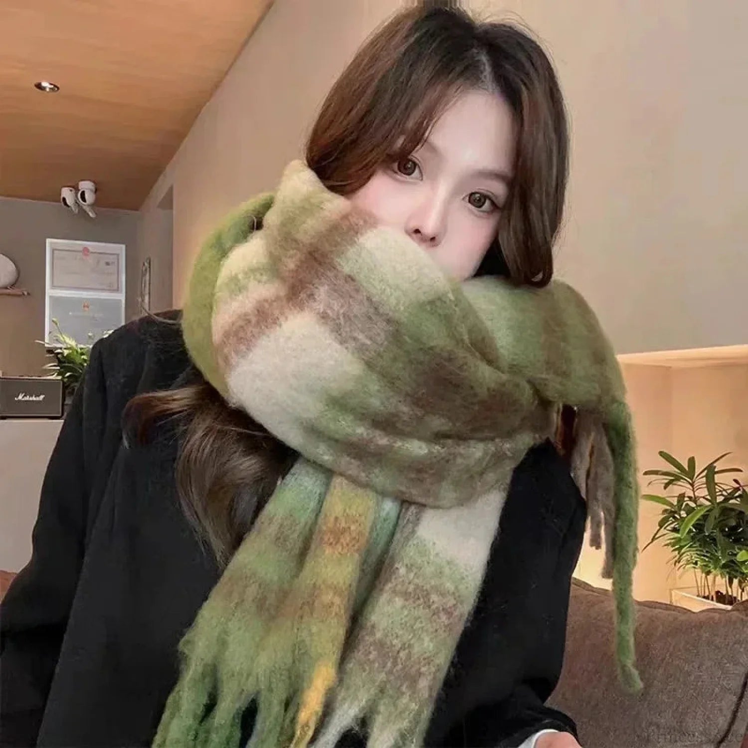 Mohair Winter Scarf - Solid Color Thickened Wool Fringed Type F Green Scarfs-L