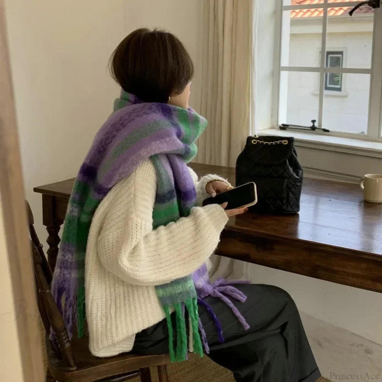 Mohair Winter Scarf - Solid Color Thickened Wool Fringed Type F Purple-Green Scarfs-L