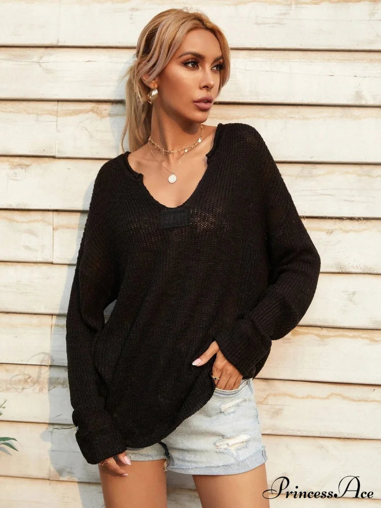 Notched Neck Slit Knit Top Black clothes J&Q long sleeve shirt long sleeve shirts long sleeve top long sleeve tops Ship From Overseas Shipping Delay 09/29/2023 - 10/04/2023 shirt shirts top tops