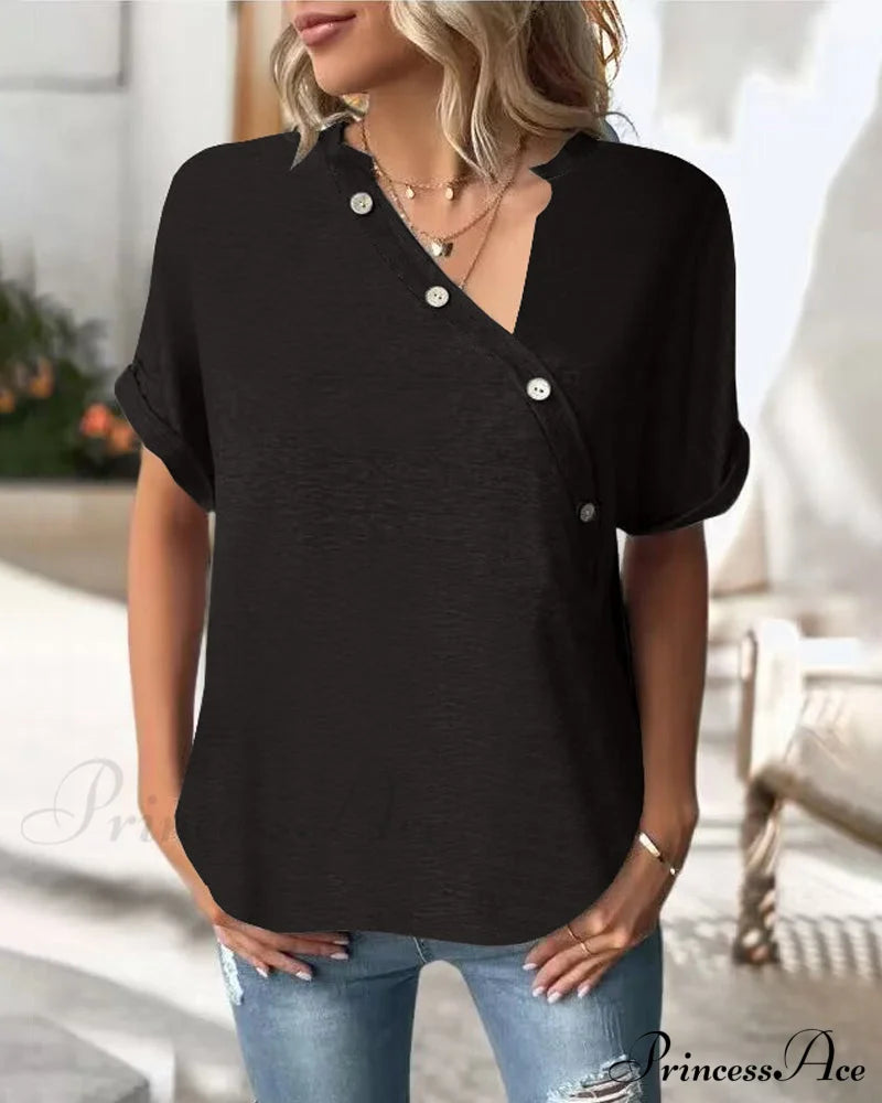 Solid Color Irregular Collar T-Shirt Black 23BF clothes Short Sleeve Tops Spring Summer T-shirts Tops/Blouses