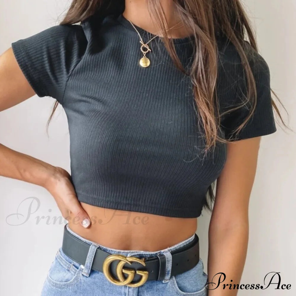 O Neck Knit White Crop Top Black / S