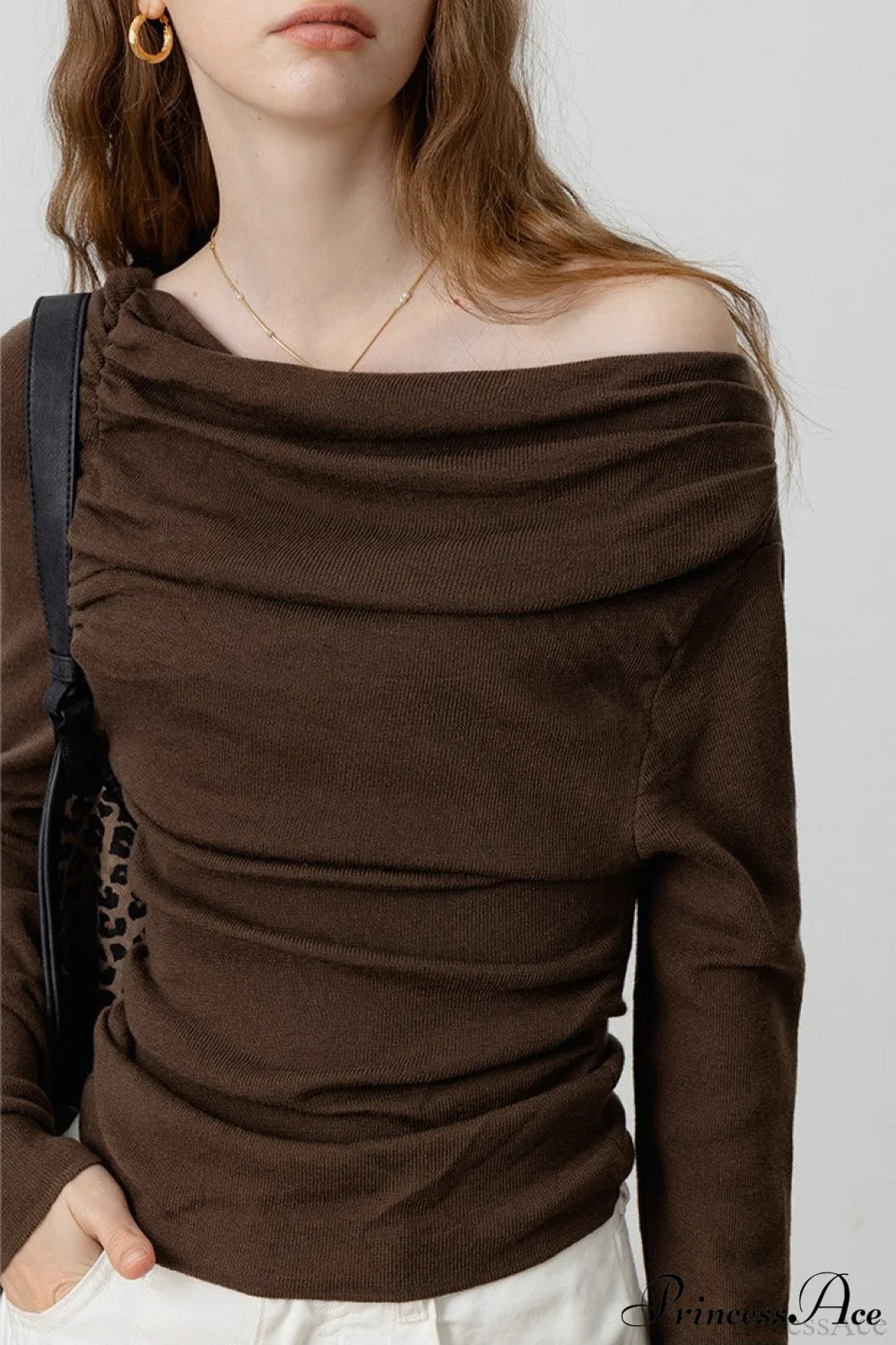 Off-Shoulder Draped Collar Waist-Cinched Knit Top