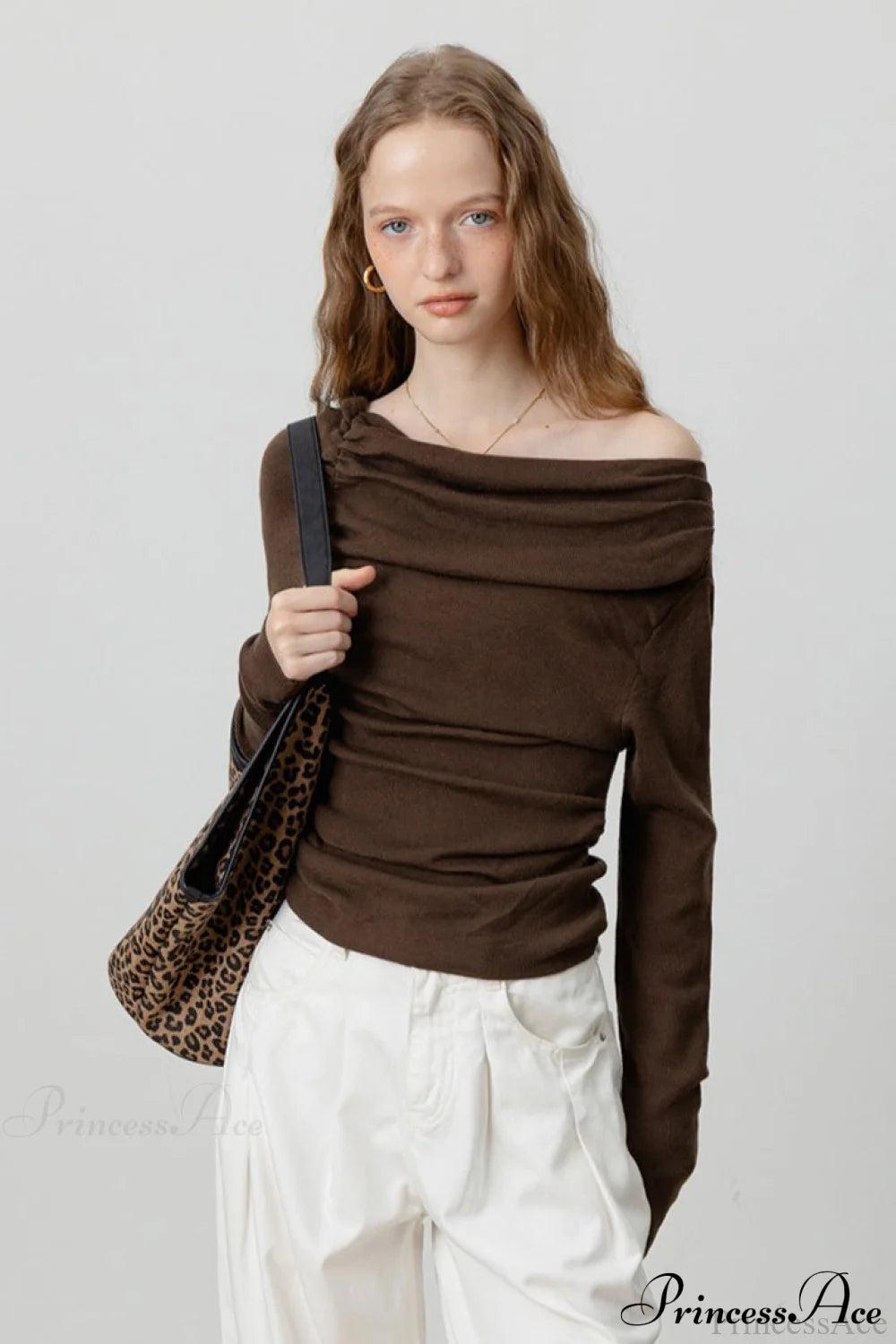 Off-Shoulder Draped Collar Waist-Cinched Knit Top Brown / S