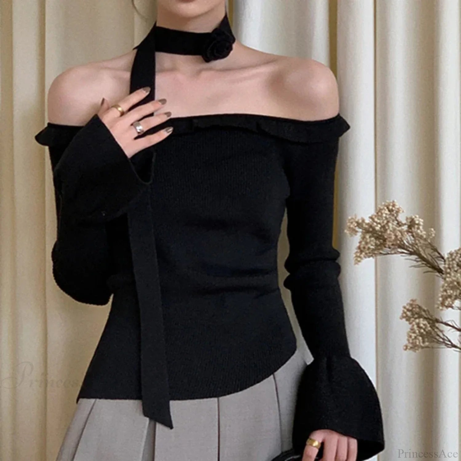Off Shoulder Knit Crop Long Flare Sleeve Ruffle Trim Knit Top knittop-250126