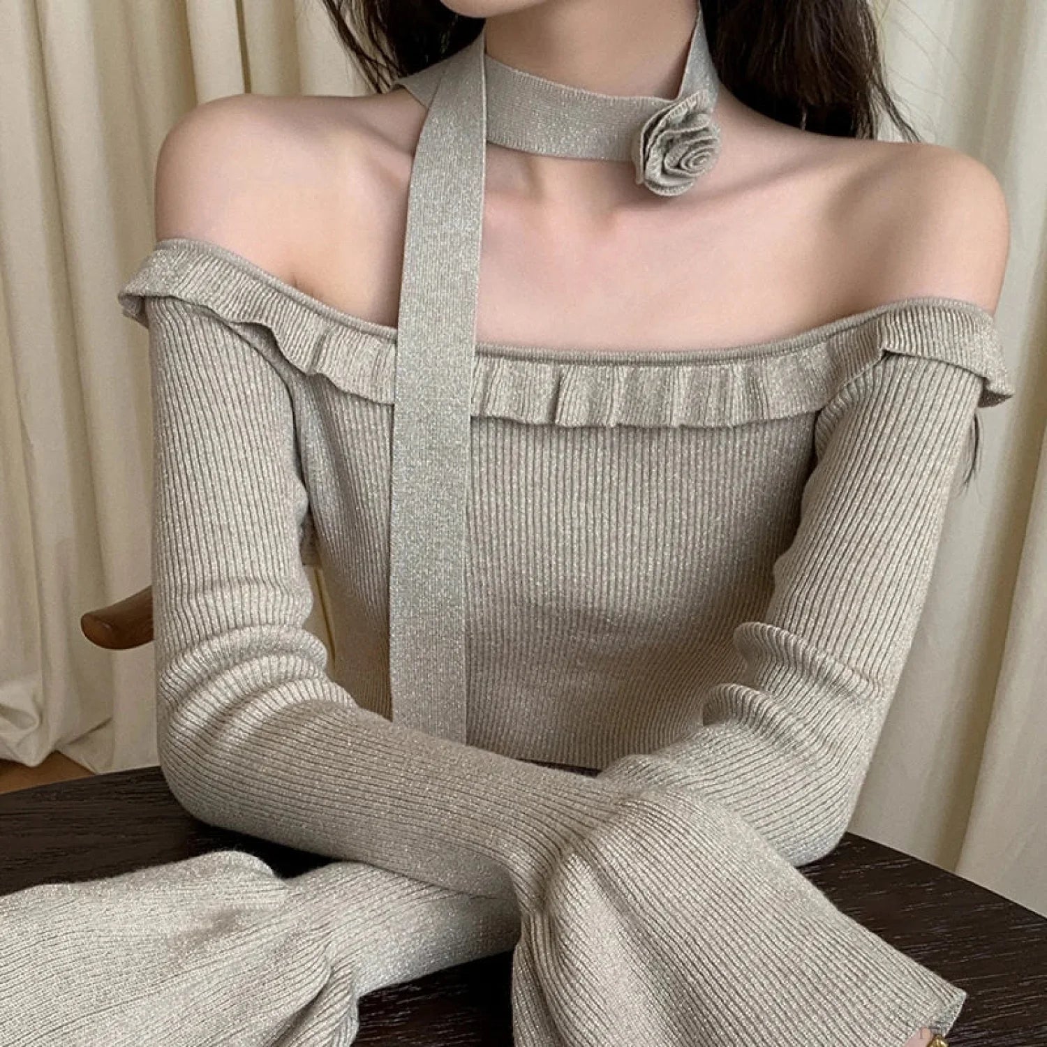 Off Shoulder Knit Crop Long Flare Sleeve Ruffle Trim Knit Top knittop-250126