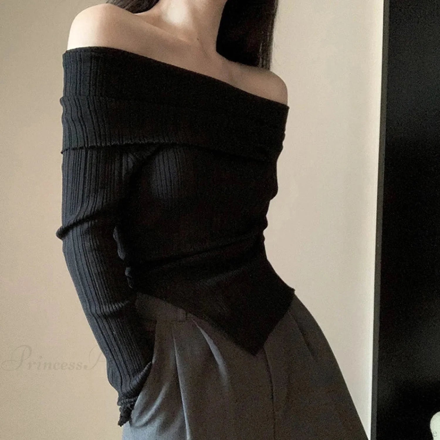 Off Shoulder Slim Slash Neck Long Sleeve Knit Top knittop-250126