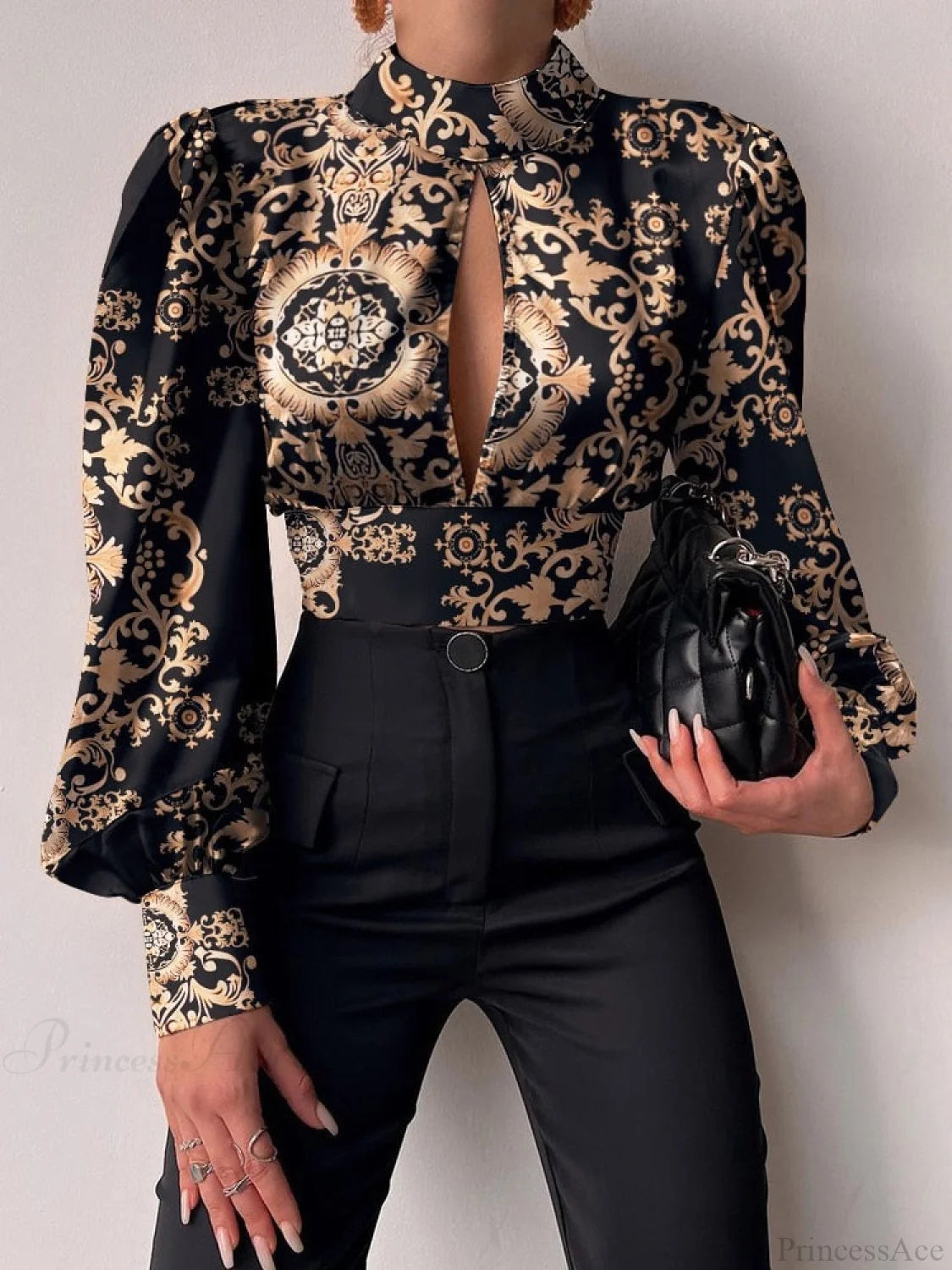 Office Ladyslim Stand Collar Long Sleeve Blouse Black Flower / S