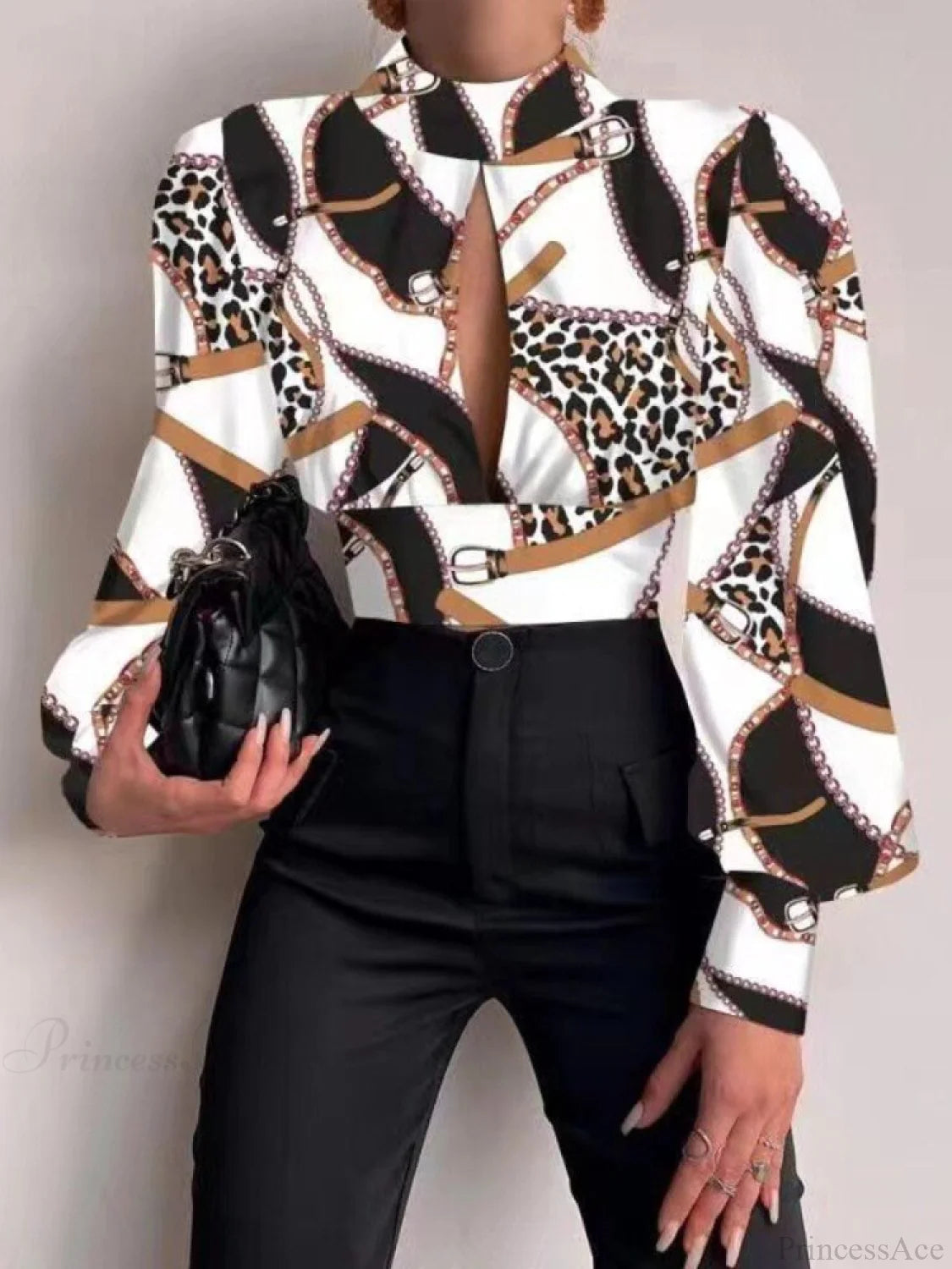 Office Ladyslim Stand Collar Long Sleeve Blouse Brown / S