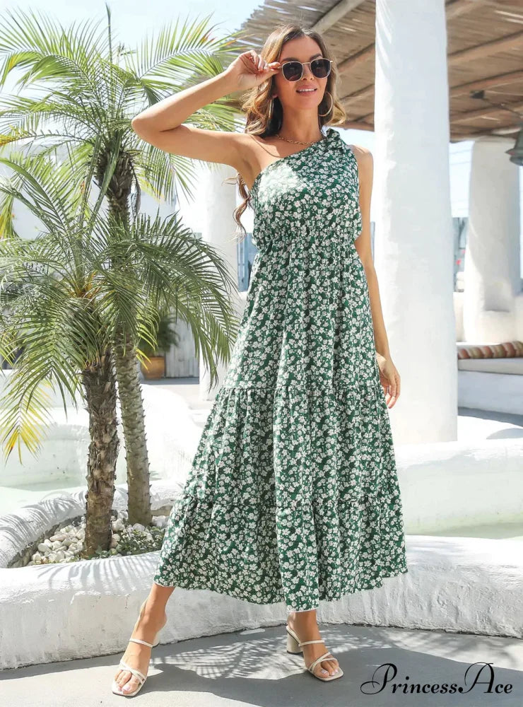 One-Shoulder Flowered Ruffled For Gown Holidays S / Blue Dresses