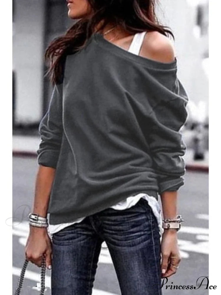 One Sweatshirt Tops Patterned Women’s Heart Shoulder Casual Pullover Top Grey Nq2992 / S