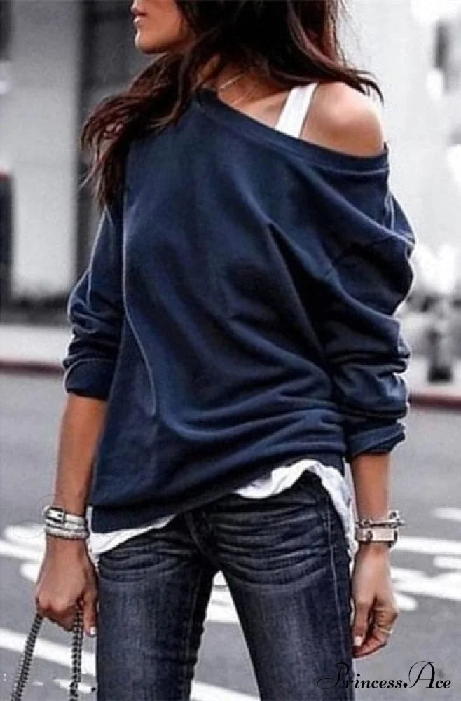 One Sweatshirt Tops Patterned Women’s Heart Shoulder Casual Pullover Top Navy Nq2992 / S