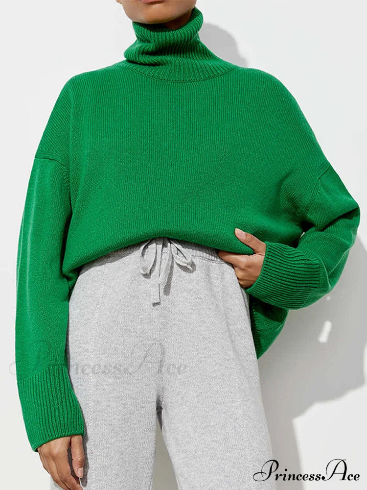 Oversized Casual Turtleneck Solid Color Pollover Sweater Green / One Size