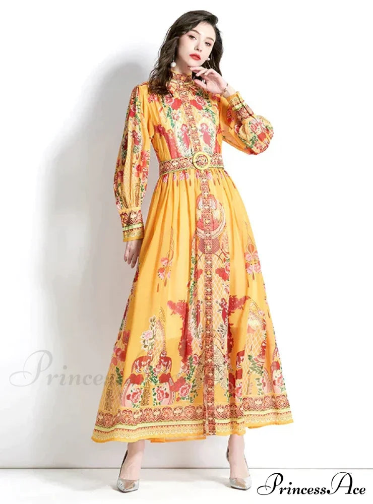 Palace Lantern Sleeve Printed Dress L / Green