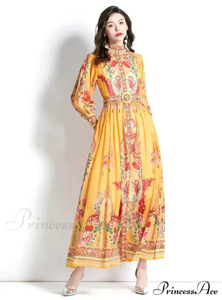Palace Lantern Sleeve Printed Dress L / Yellow