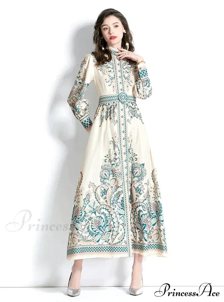 Palace Lantern Sleeve Printed Dress S / Green