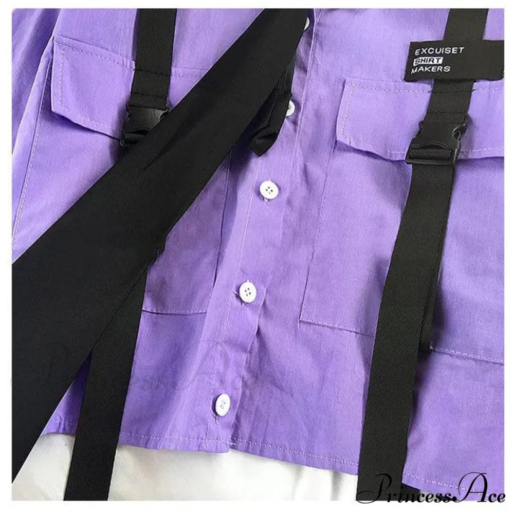 Pants Ribbon Autumn Blouse & Short-Sleeved High-Waist Streetwear Loose Cargo Straight Set