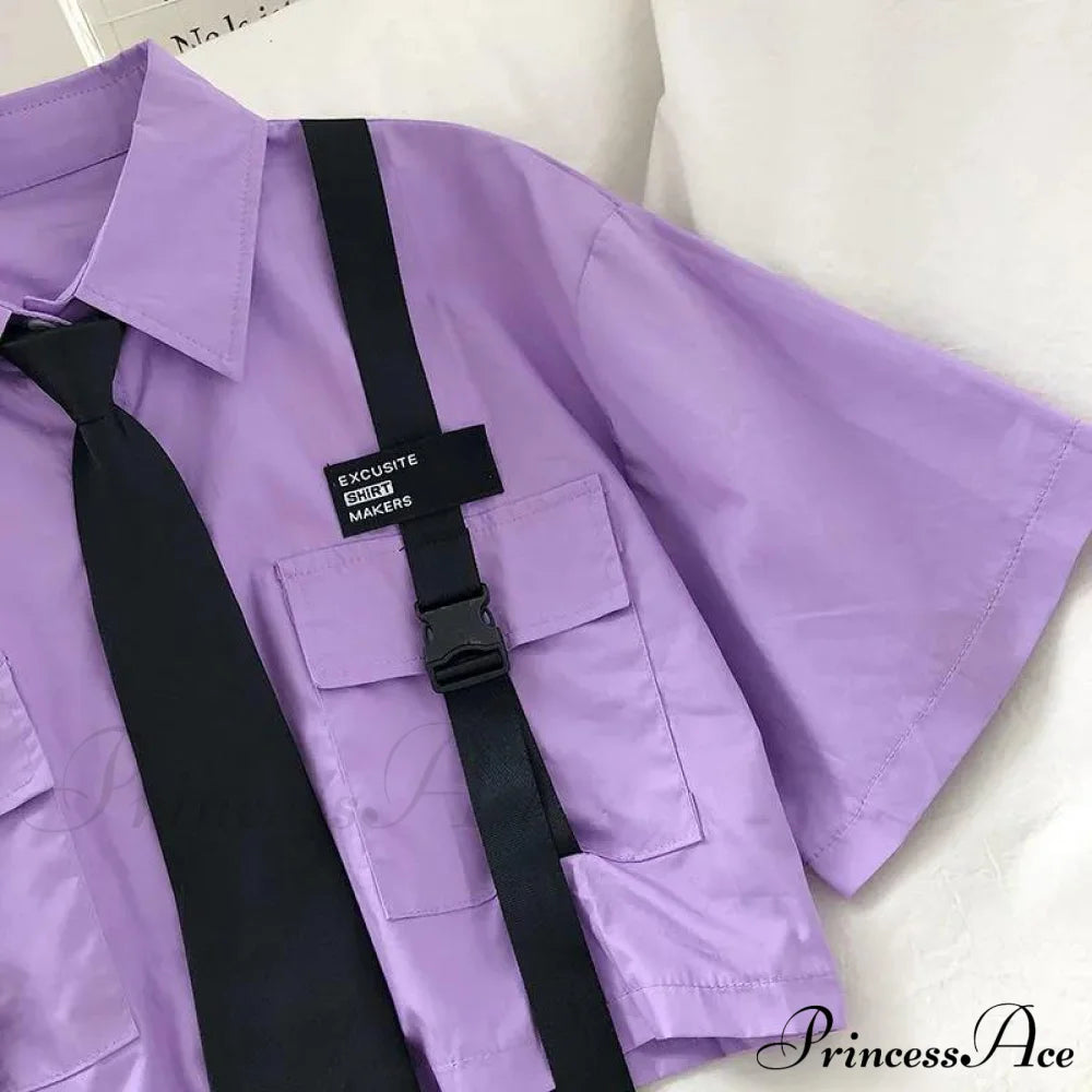 Pants Ribbon Autumn Blouse & Short-Sleeved High-Waist Streetwear Loose Cargo Straight Set