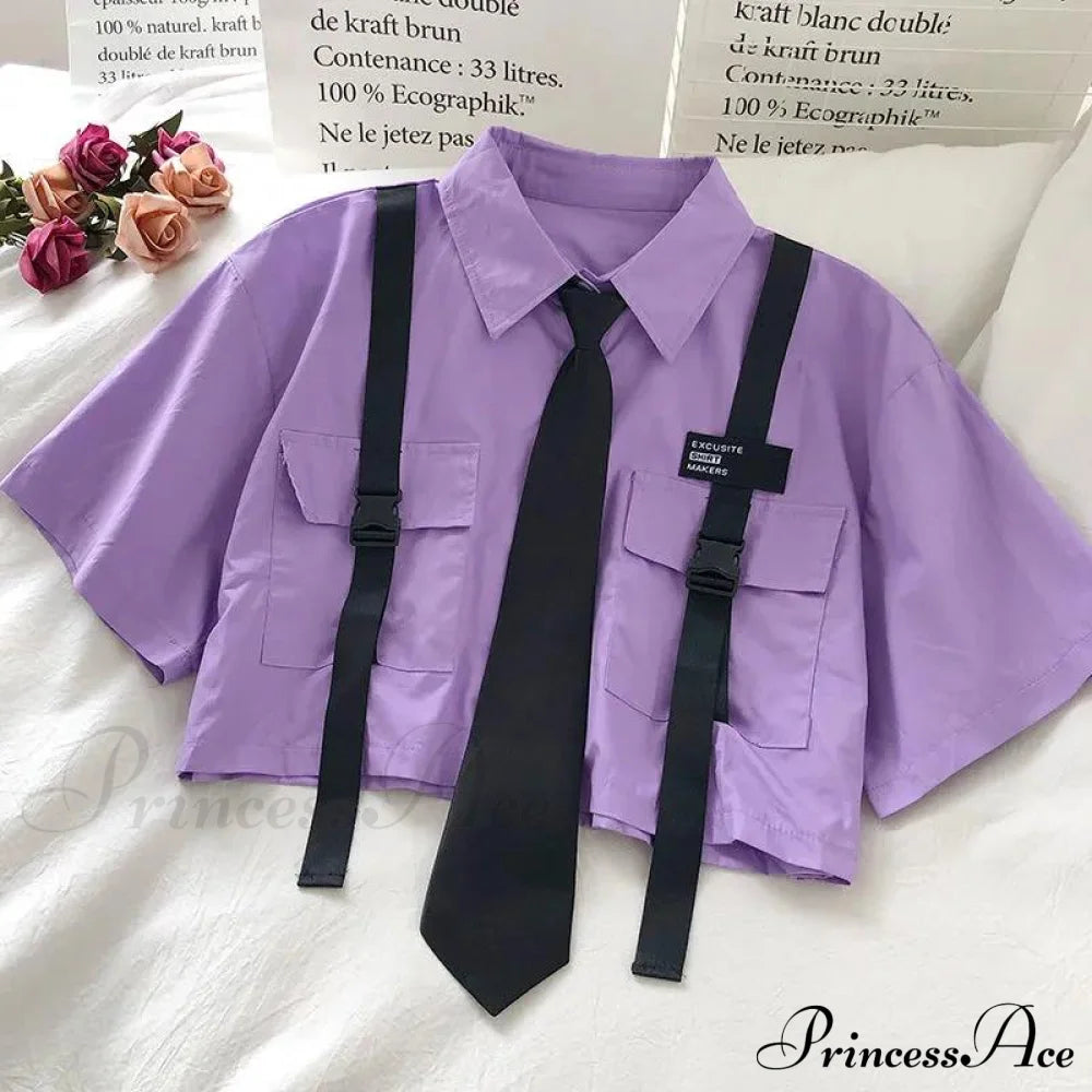 Pants Ribbon Autumn Blouse & Short-Sleeved High-Waist Streetwear Loose Cargo Straight Set