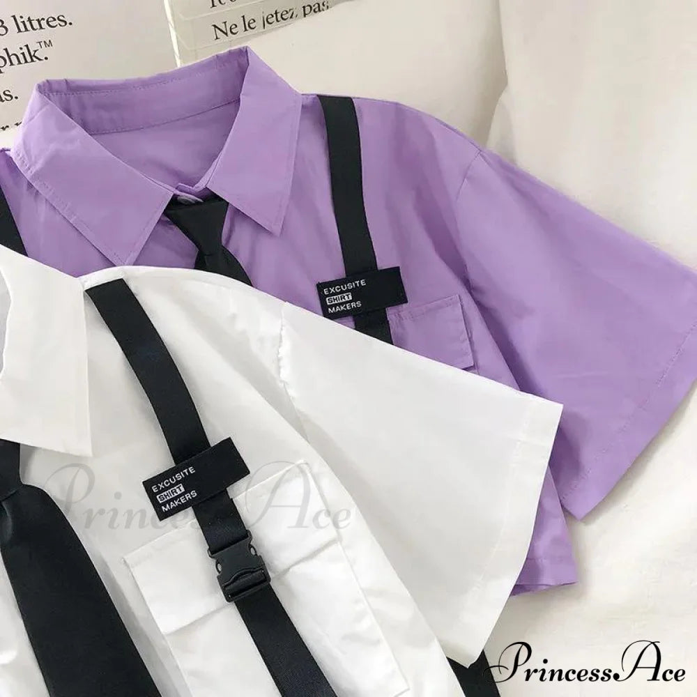 Pants Ribbon Autumn Blouse & Short-Sleeved High-Waist Streetwear Loose Cargo Straight Set