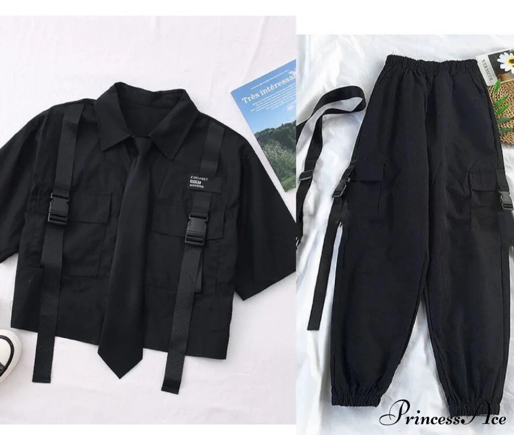 Pants Ribbon Autumn Blouse & Short-Sleeved High-Waist Streetwear Loose Cargo Straight Set Black 2