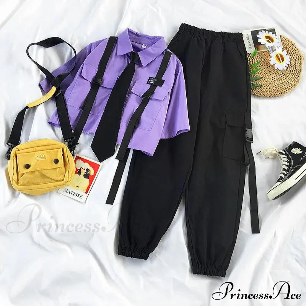 Pants Ribbon Autumn Blouse & Short-Sleeved High-Waist Streetwear Loose Cargo Straight Set Purple 2