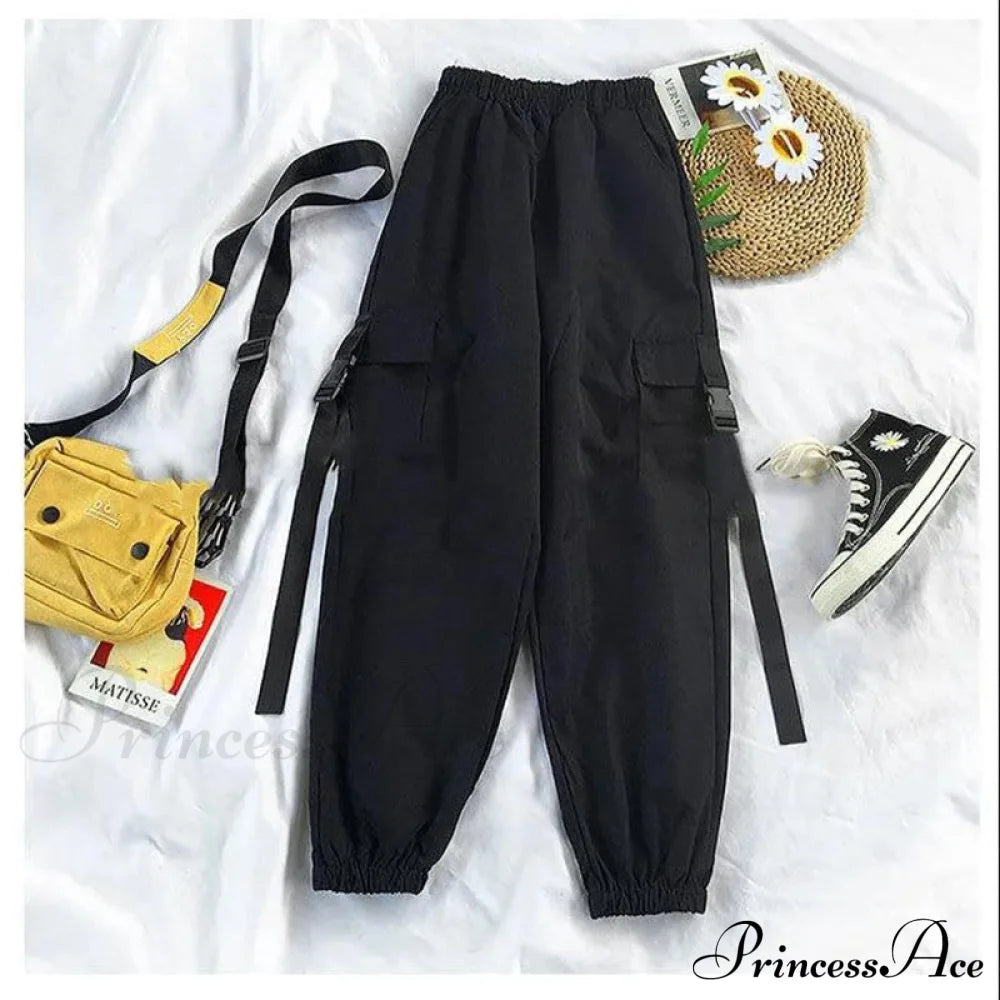 Pants Ribbon Autumn Blouse & Short-Sleeved High-Waist Streetwear Loose Cargo Straight Set / S