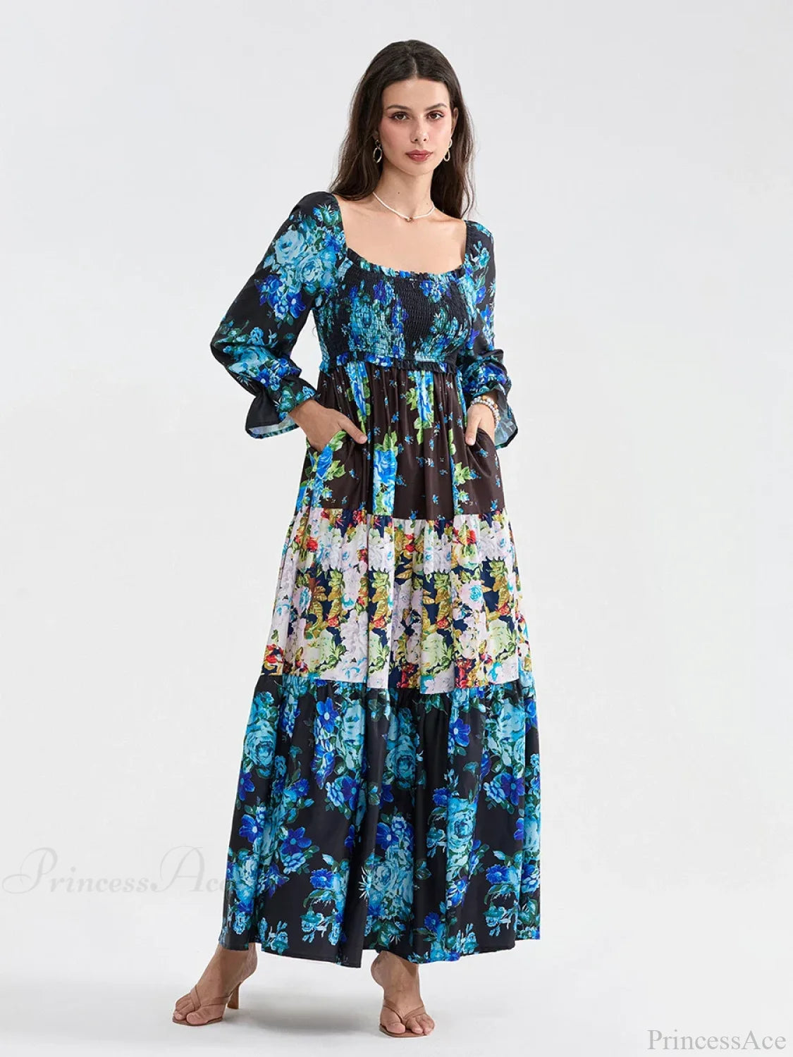 Patchwork Floral Bohemian Off-Shoulder Puff Sleeve Ruffled Vacation Beach Dress BLUE1 / S floraldress-250126