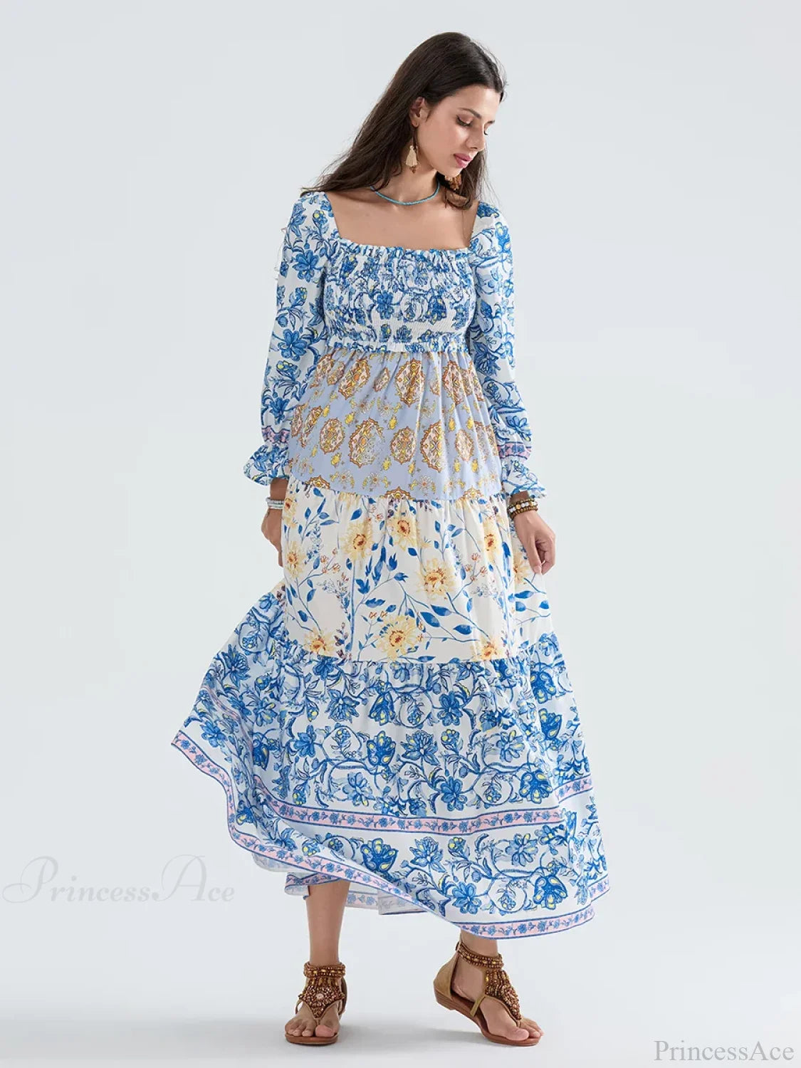 Patchwork Floral Bohemian Off-Shoulder Puff Sleeve Ruffled Vacation Beach Dress BLUE2 / S floraldress-250126