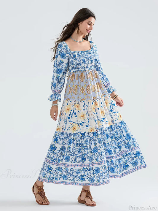 Patchwork Floral Bohemian Off-Shoulder Puff Sleeve Ruffled Vacation Beach Dress floraldress-250126