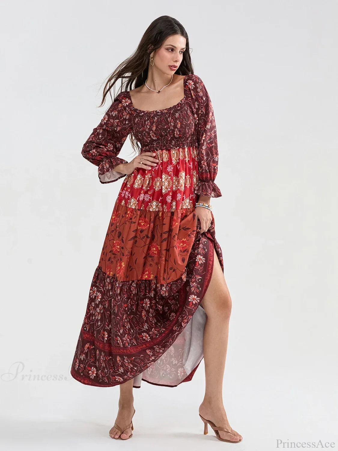 Patchwork Floral Bohemian Off-Shoulder Puff Sleeve Ruffled Vacation Beach Dress floraldress-250126