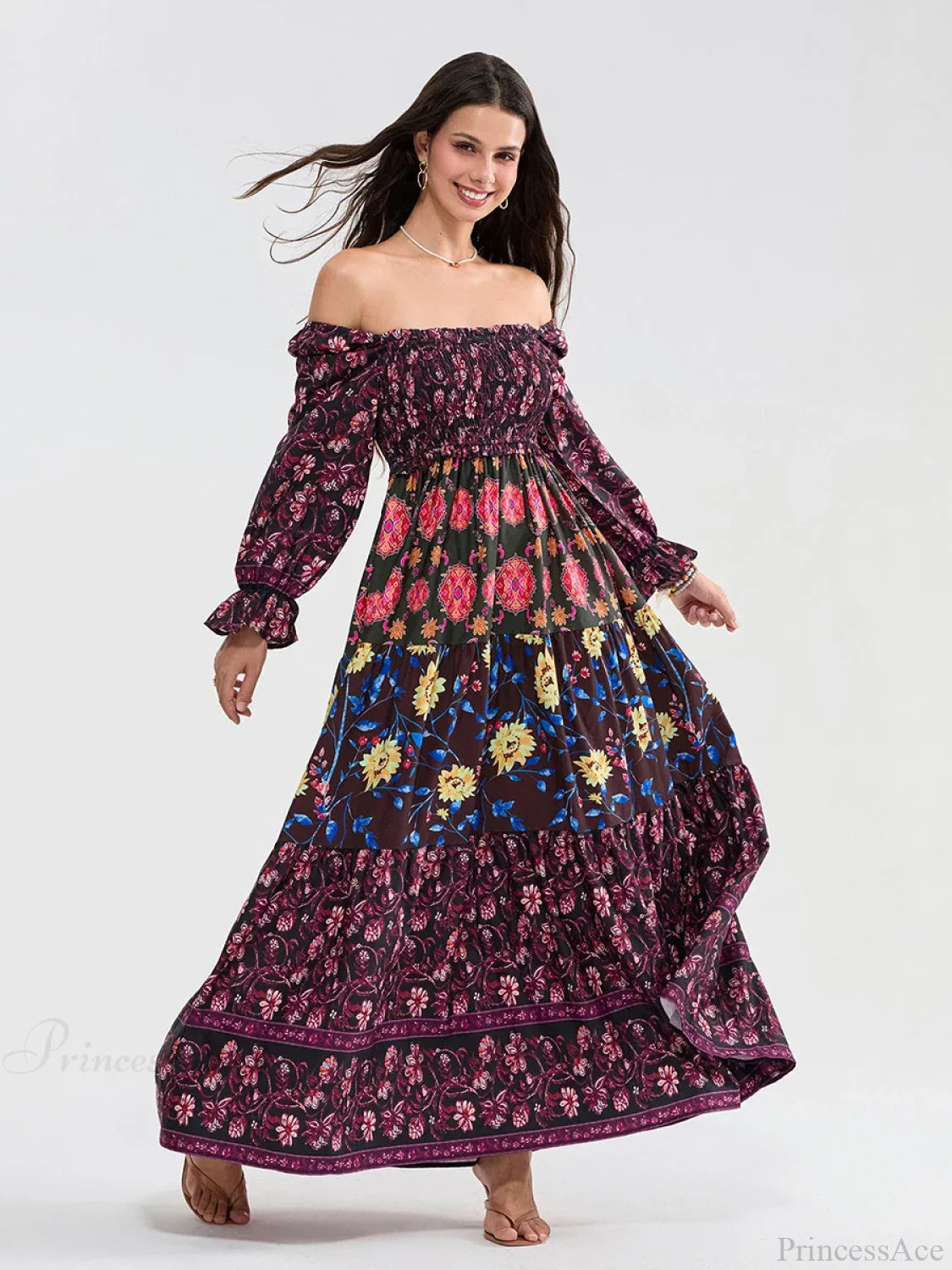 Patchwork Floral Bohemian Off-Shoulder Puff Sleeve Ruffled Vacation Beach Dress RED1 / S floraldress-250126