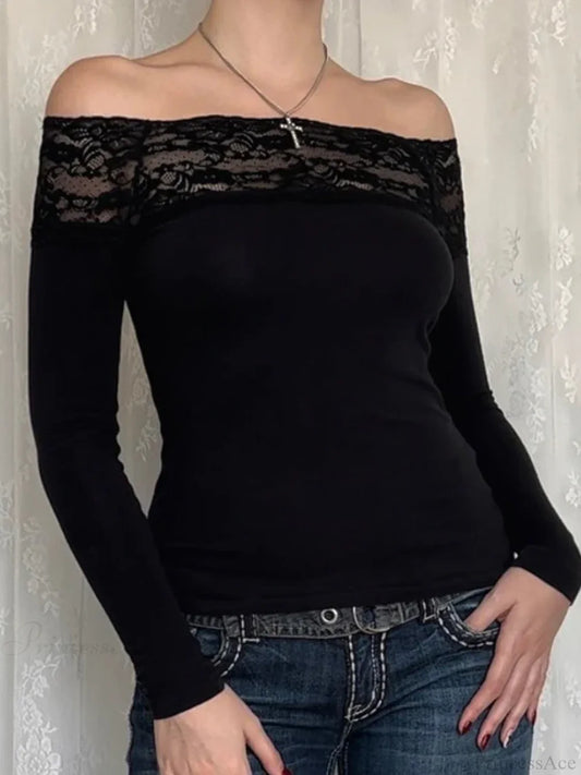 Patchwork Lace Cropped Slim Slash Neck Long Sleeve Knit Top Black / S knittop-250126