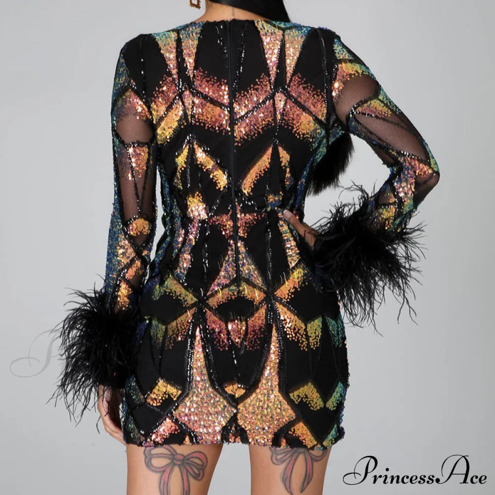 Patchwork Print Skinny Ostrich Feather Sequins Party Dress M / White Dresses