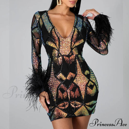 Patchwork Print Skinny Ostrich Feather Sequins Party Dress S / White Dresses