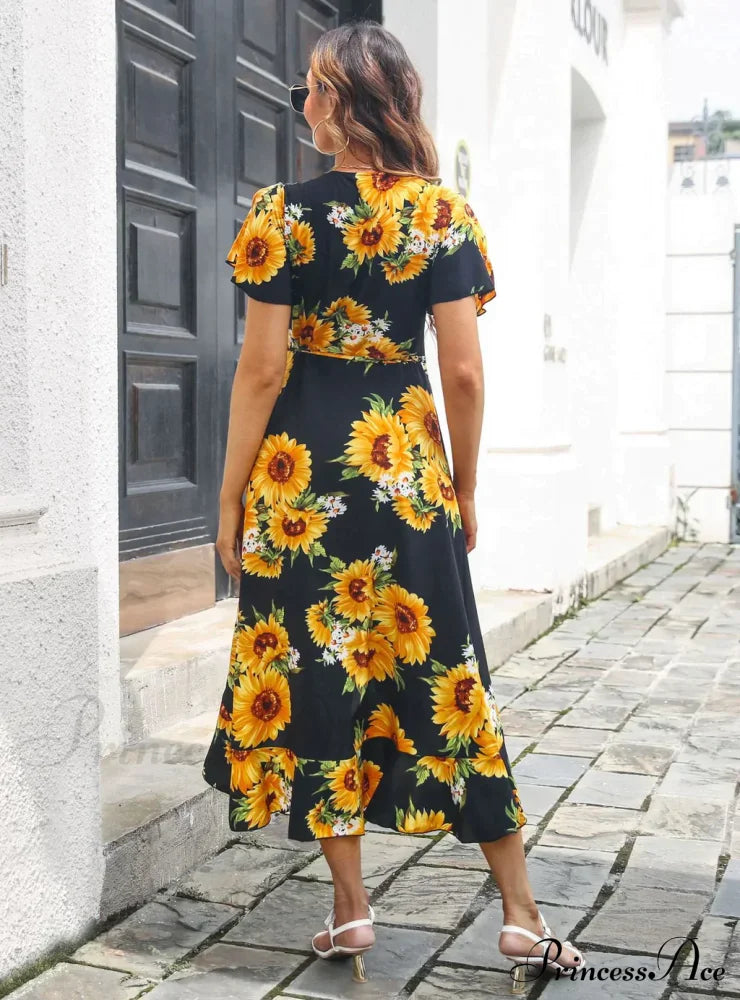 Patterned Flounce Bohemian Festive Dress M / Green Dresses