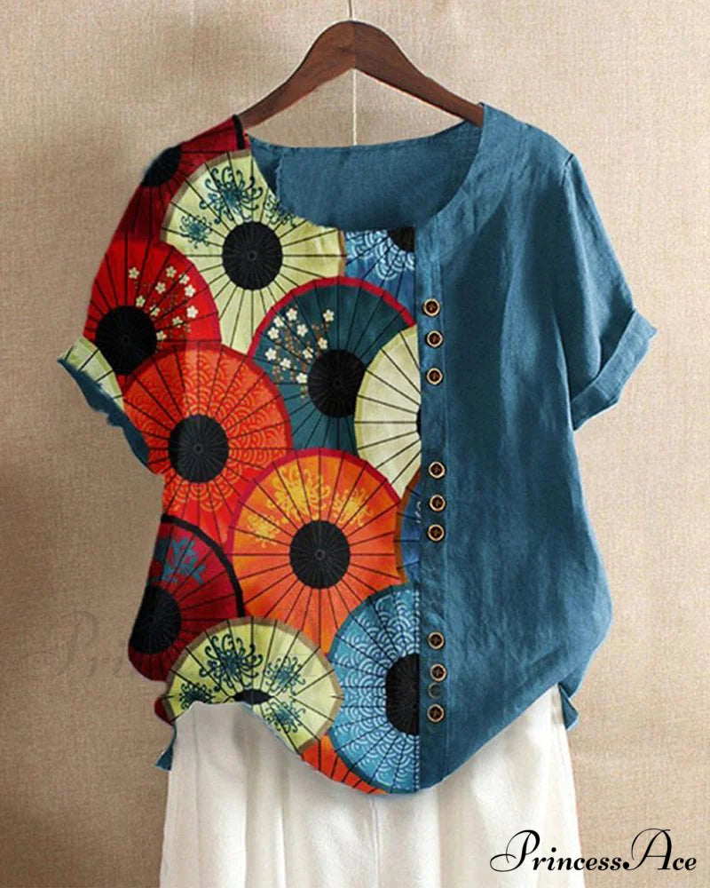 Printed crew neck T-shirt Blue 23BF clothes SALE Short Sleeve Tops Spring Summer T-shirts Tops/Blouses