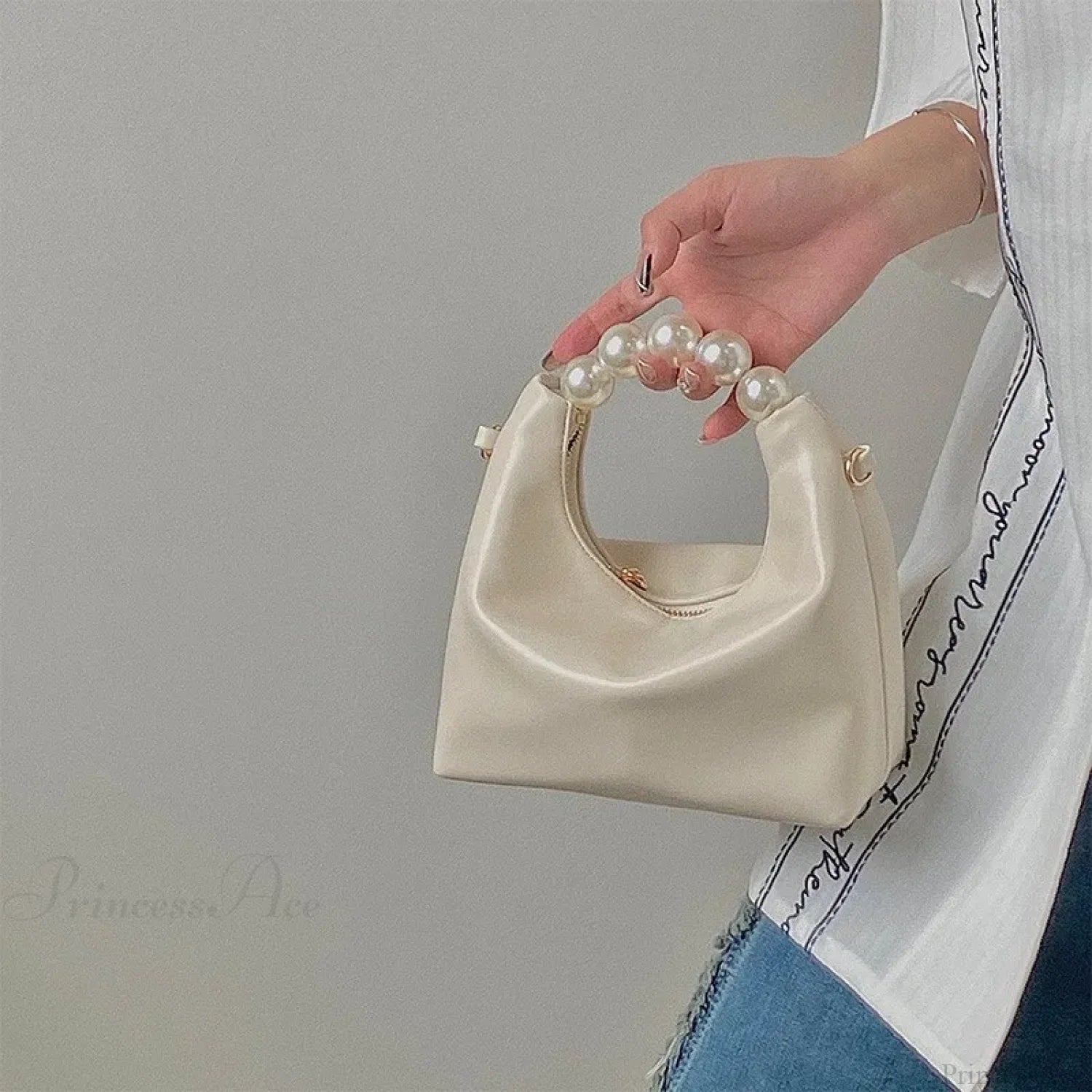 Pearl Handle Fashion Women Clutch Bag White clutchbag-250126