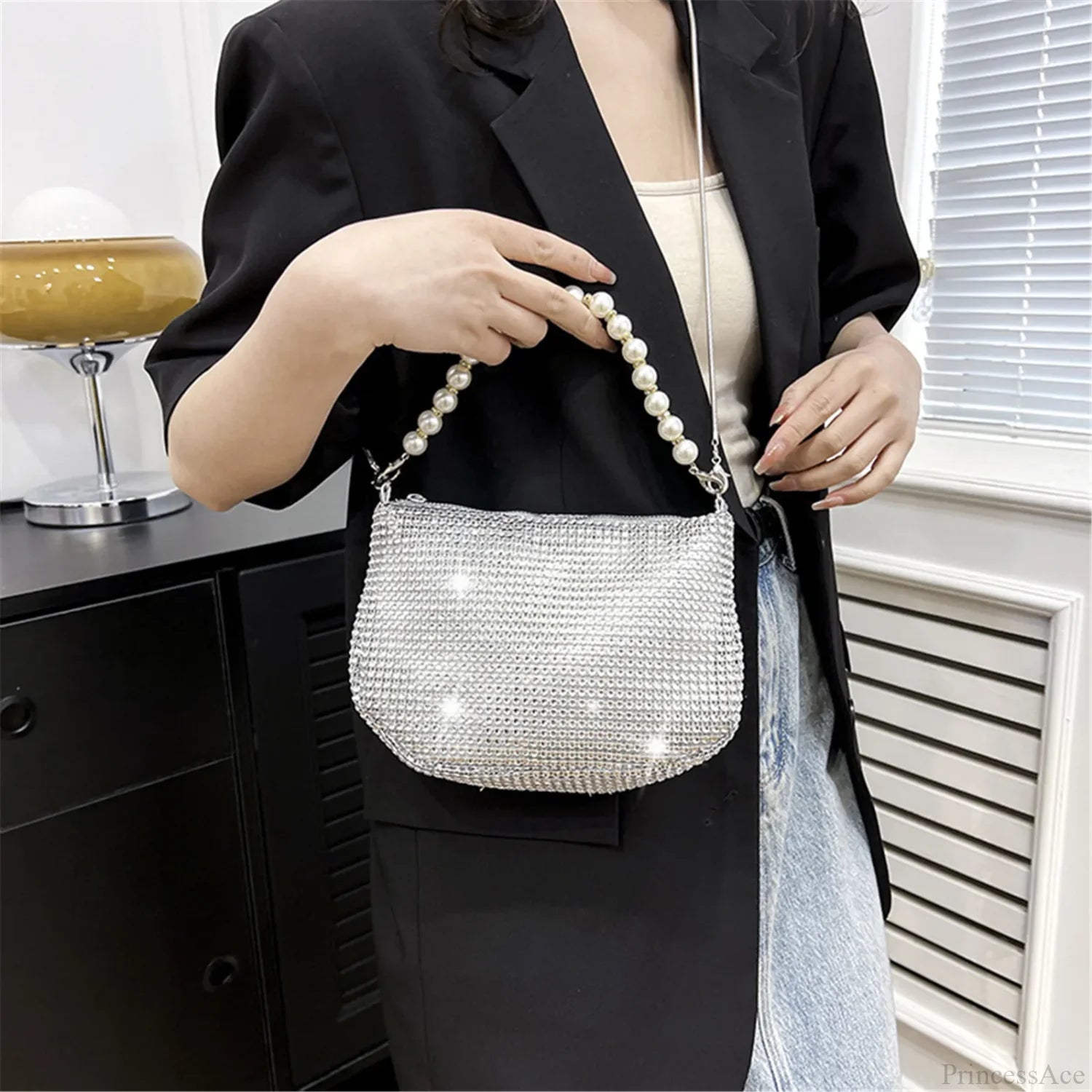 Pearl Rhinestone Delicate Shoulder Bag Party Handbag Silver handbag-250126