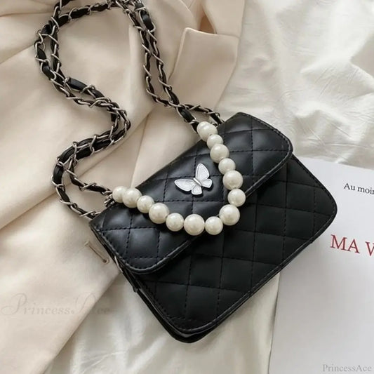 Pearl Shoulder Handbag PU Leather All-Match Tote Black handbag-250126